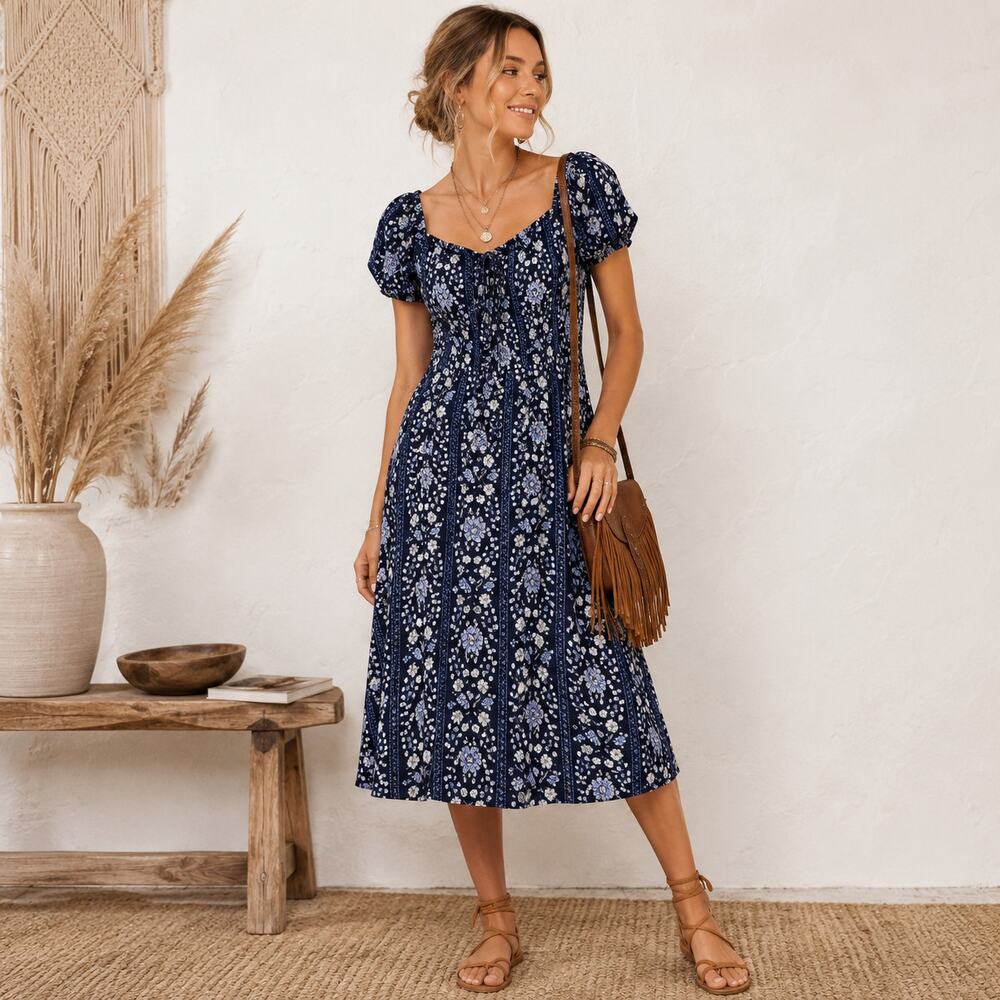 Old Navy Smocked Off-the-Shoulder Slub-Weave Midi Dress Women's Sz L Blue Floral - Picture 1 of 9